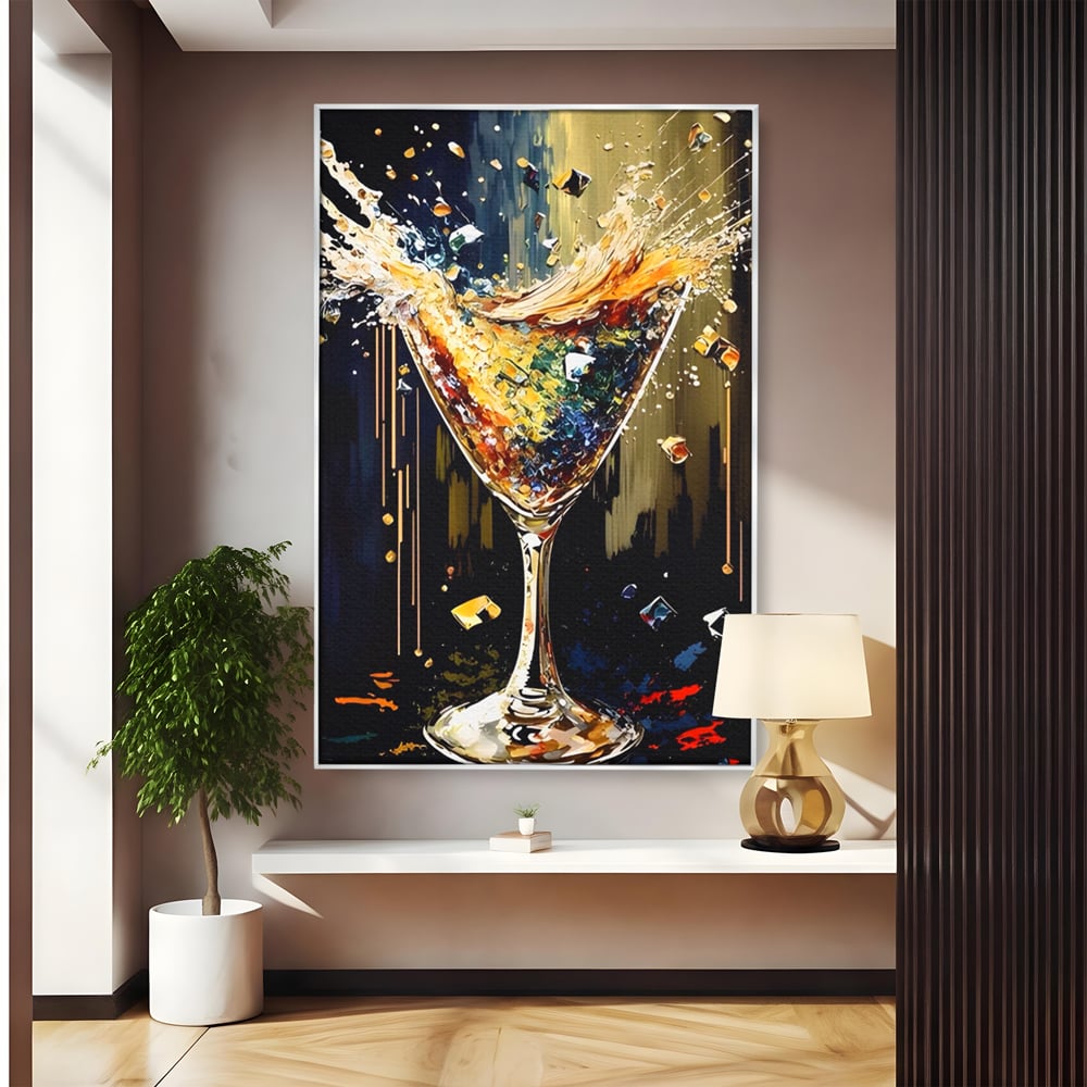 Tablou canvas cu tablou canvas cu pahar de cocktail in plina explozie de culori, in rama de aluminiu argintiu